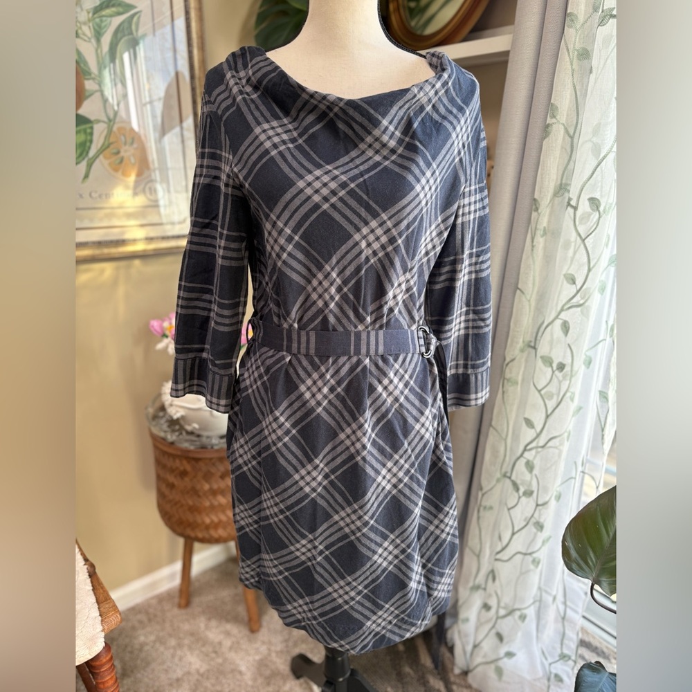Banana Republic Dark Navy Blue & Gray Plaid Long Sleeve Dress - Picture 2 of 9